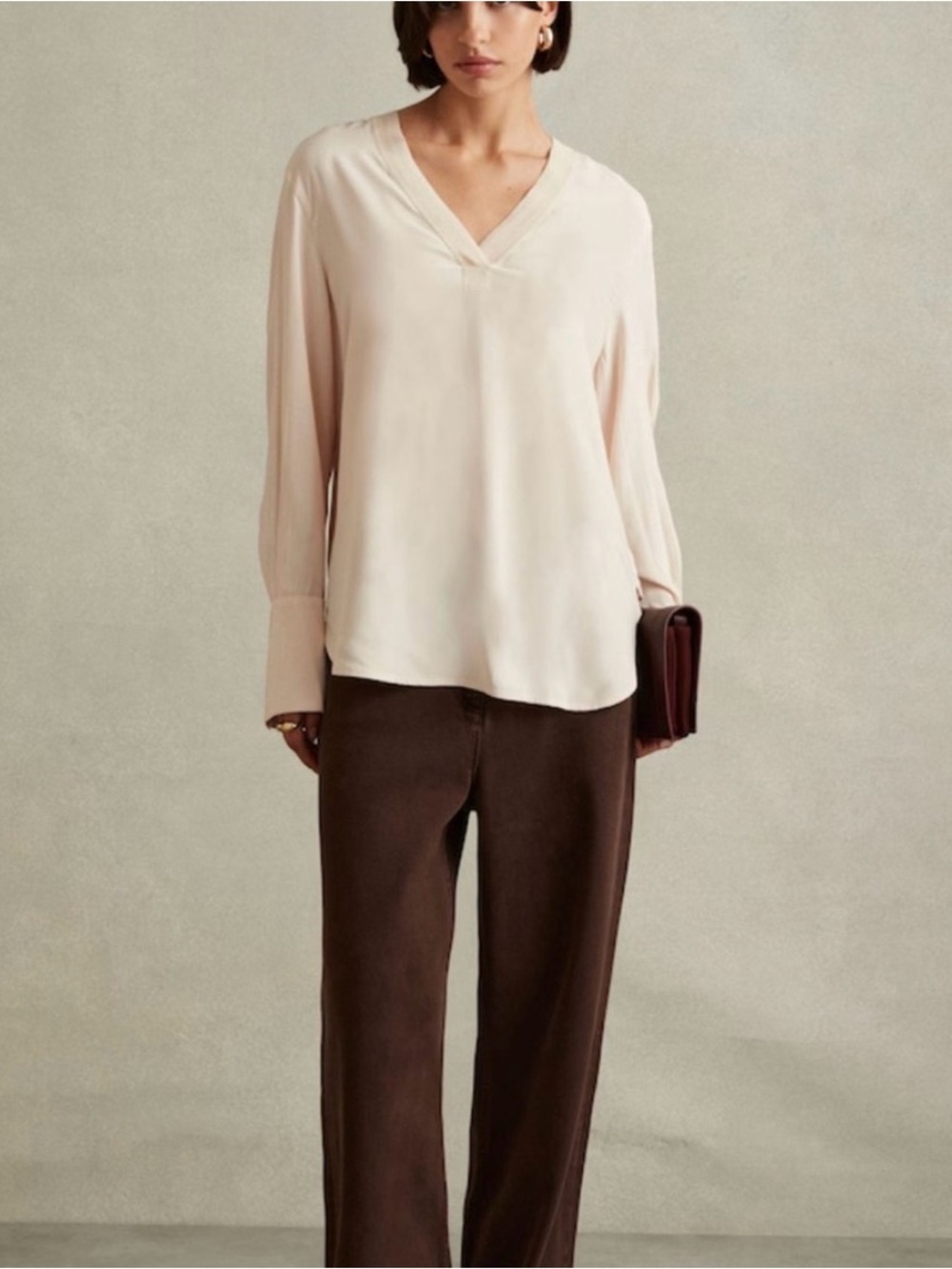 NWT Reiss (4) Tash V-Neck Long Sleeve Blouse Pale Pink